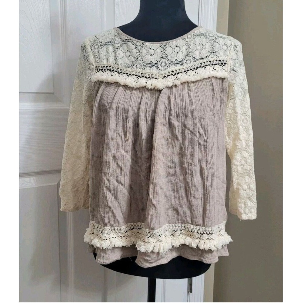 Umgee‎ Cream Beige Lace Open Back 3/4 Sleeve Blouse Top Shirt Size S Boho NWT